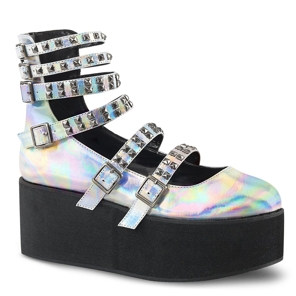 Chaussures Plateforme Demonia Grip 31 Hologramme Vegan Cuir Femme - Argent 36905-LMCN